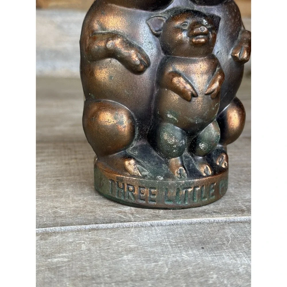 Vintage Three Little Pigs Cast Metal Piggy Bank Coin Worn Copper Tone Finish USA